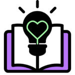 An icon with an open book with a light bulb on it.