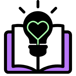 An icon with an open book with a light bulb on it.